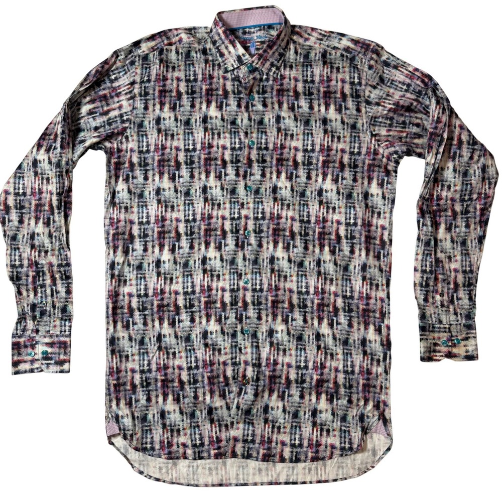 Luchiano Visconti Black Mens LT Abstract Grid Print Button Down Cotton Shirt